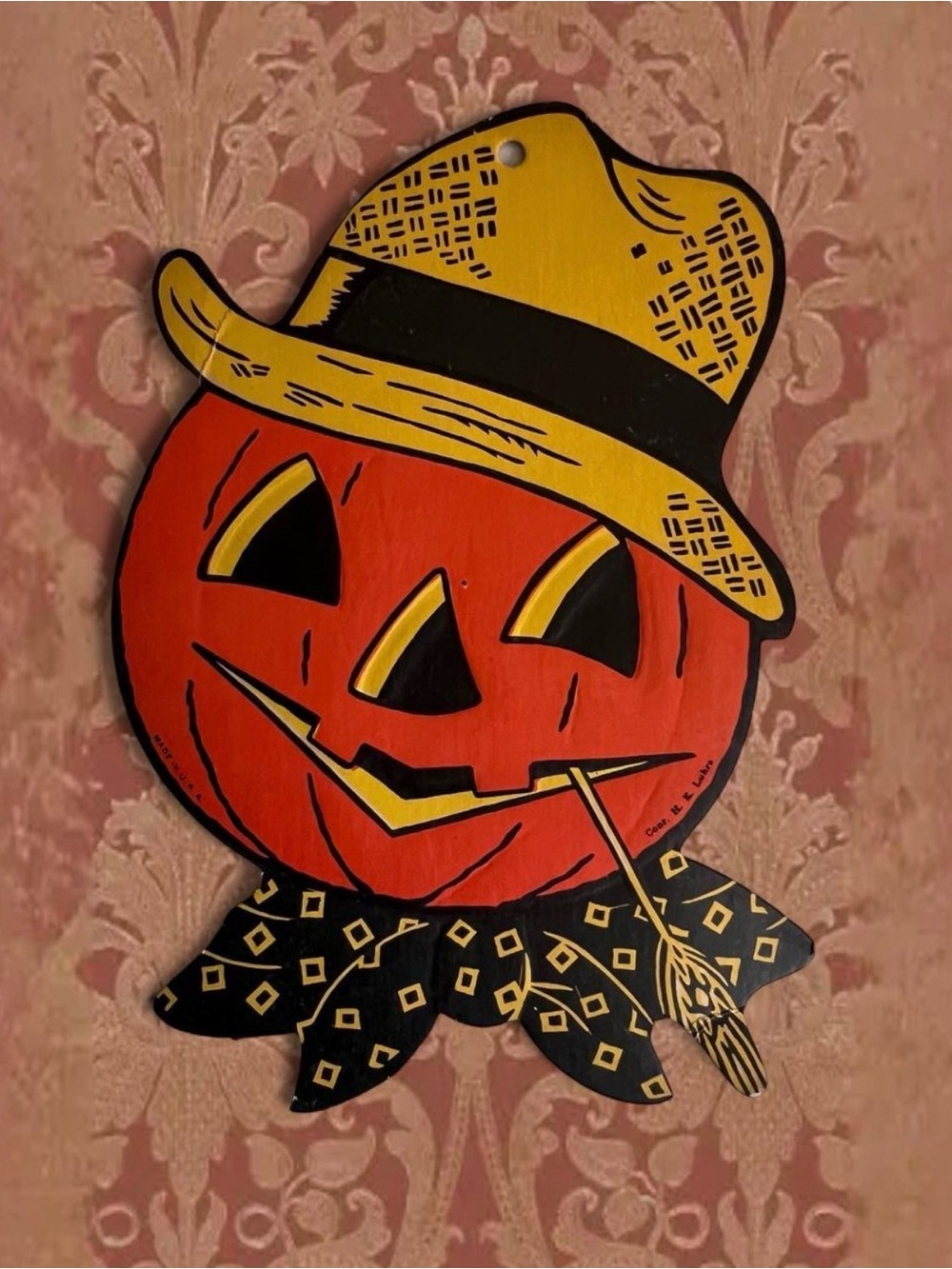 Vintage Beistle Halloween Scarecrow Pumpkin Die Cut Decoration cardboard
